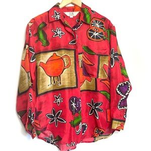 VTG Walking Teapot Silk S.L.B. Blouse Top Sz Small